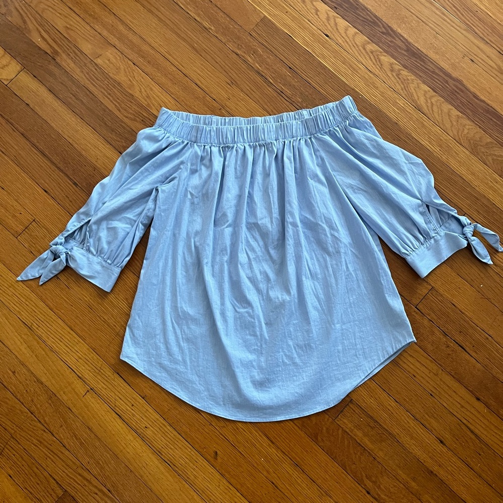 Blue off the shoulder blouse / tie sleeves